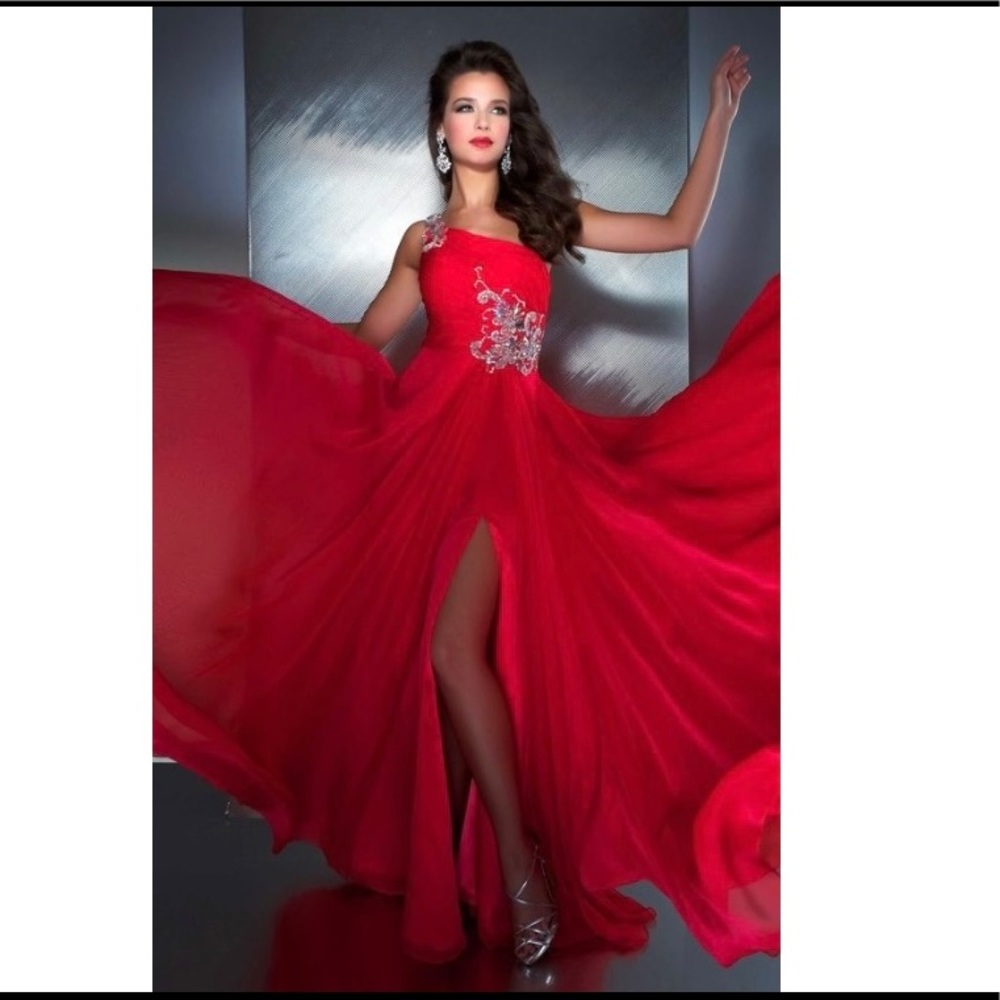 mac duggal crystal watermelon one shoulder dress
